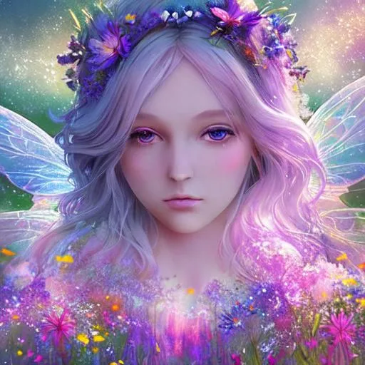 Prompt: fairy goddess of wildflowers ethereal,dreamscape, cool colors, closeup