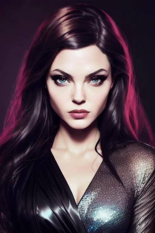 Prompt: Beautiful vampire with a look of apathy against a black background, [Angelina Jolie|Camren Bicondova] Head and shoulders portrait, By Jasmine Becket-Griffith, By Ismail Inceoglu, hypermaximalist, realistic reflective eyes, studio lighting, Rtx Enabled, looking at the camera, Award-winning, Deep Colors 