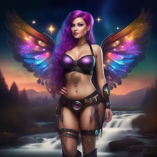 Prompt: Wide angle. Whole body showing. Photo real. Detailed Illustration. Beautiful, buxom woman with broad hips and incredible bright eyes, and colorful hair, standing next to a stream on a breathtaking, colorful starry night. Wearing a colorful, translucent, sparkling, dangling, skimpy, sheer, flowing, steampunk, Witch style, fairy outfit with distinct wings. With winged fae flying about.