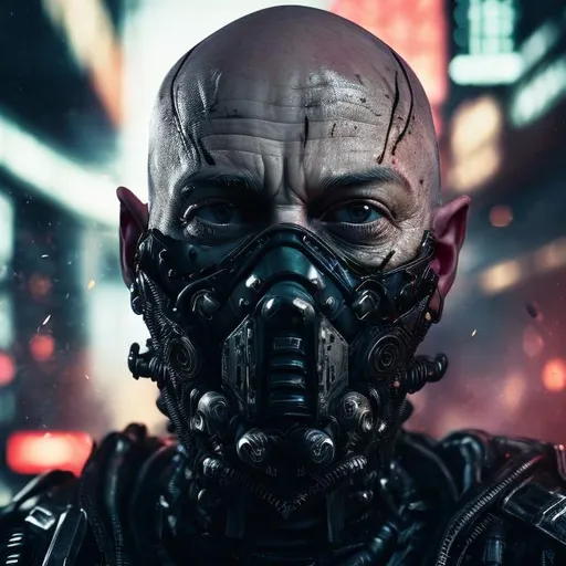 Prompt: A bald man with a ginger beard. 30yrs old. English. Fully armoured and masked. Bionic eyes and cyber enhancements. Lots of roses, Ferns and mushrooms in background. Dark and edgy with neon accents. Cyberpunk style. Raw. Gritty. Dirty. Medium Close up.
