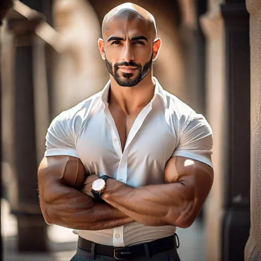 Prompt: Professional full-body  photoshoot of a handsome, beautiful, muscular  middle-Eastern man with a shaved head, wearing a short-sleeve button-up shirt, flexing his biceps, hyperdetailed {symmetrical eyes}, {defined shredded musculature, broad shoulders}, {sultry romantic} smile, center frame, diffused light, intricate detail, best quality, uhd, 8k, symmetry  