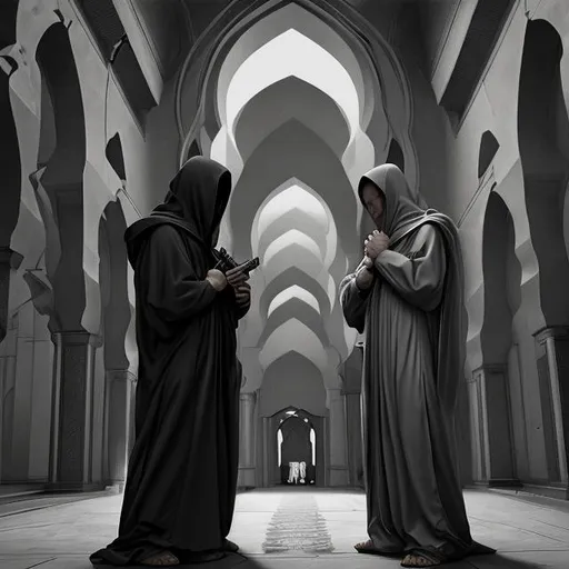 Prompt: 
Two threatening  angels with hoods and a threatening posture and stance pray outside of a masjid pointing both of their guns at me in the style of Escher and Hieronymus Bosch, paranormal, black and white, ultra realistic,  Unreal Engine 5, Cinematic, Editorial Photography, Photography, Photoshoot, Shot on 70mm lense, Depth of Field, Doff, Tilt Blur, Shutter Speed 1/1000, F/22, 32k, Super-Resolution, Megapixel, ProPhoto RGB, VR, tall, epic, artgerm, Halfrear Lighting, Backlight, Natural Lighting, Incandescent, Optical Fiber, Moody Lighting, Cinematic Lighting, Studio Lighting, Soft Lighting, Volumetric, Contre-Jour, dark Lighting, Accent Lighting, Global Illumination, Screen Space Global Illumination, Ray Tracing Global Illumination, Red Rim light, cool color grading 45%, Optics, Scattering, Glowing, Shadows, Rough,  Ray Tracing Ambient Occlusion, Anti-Aliasing, FKAA, TXAA, RTX, SSAO, Shaders, OpenGL-Shaders, GLSL-Shaders, Post Processing, Post-Production, Cel Shading, Tone Mapping, CGI, VFX, SFX, insanely detailed and intricate, hypermaximalist, elegant, hyper realistic, super detailed, dynamic pose, centered, photography, --v 4 --v 4