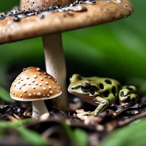 Prompt: a small frog taking refuge under a mushroom in the rain