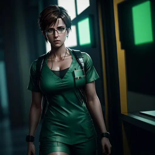 Prompt: Cyberpunk, full-body, small chest, Rebecca chambers, wearing glasses, wearing loose green scrubs, raw photo, photorealistic, High Detail, dramatic, UHD, HDR raw photo, realistic, sharp focus, 8K high definition, insanely detailed, intricate, high quality, 