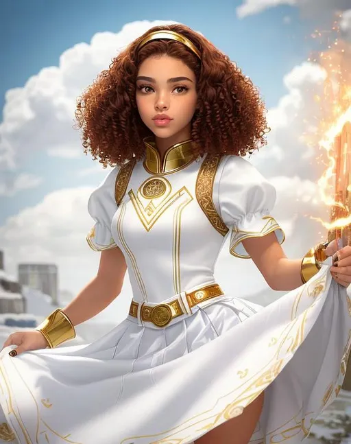 Prompt: A beautiful 14 year old ((Latina)) light elemental with light brown skin and a beautiful face. She has short curly reddish brown hair and reddish brown eyebrows. She has a cute face and big lips. She wears a beautiful tight white princess outfit with a white skirt. She has brightly glowing yellow eyes and white pupils. She wears a gold headband. She has a yellow aura around her. She is using light magic in battle against a giant monster in a open field. Epic battle scene art. Full body art. {{{{high quality art}}}} ((goddess)). Illustration. Concept art. Symmetrical face. Digital. Perfectly drawn. A cool background.