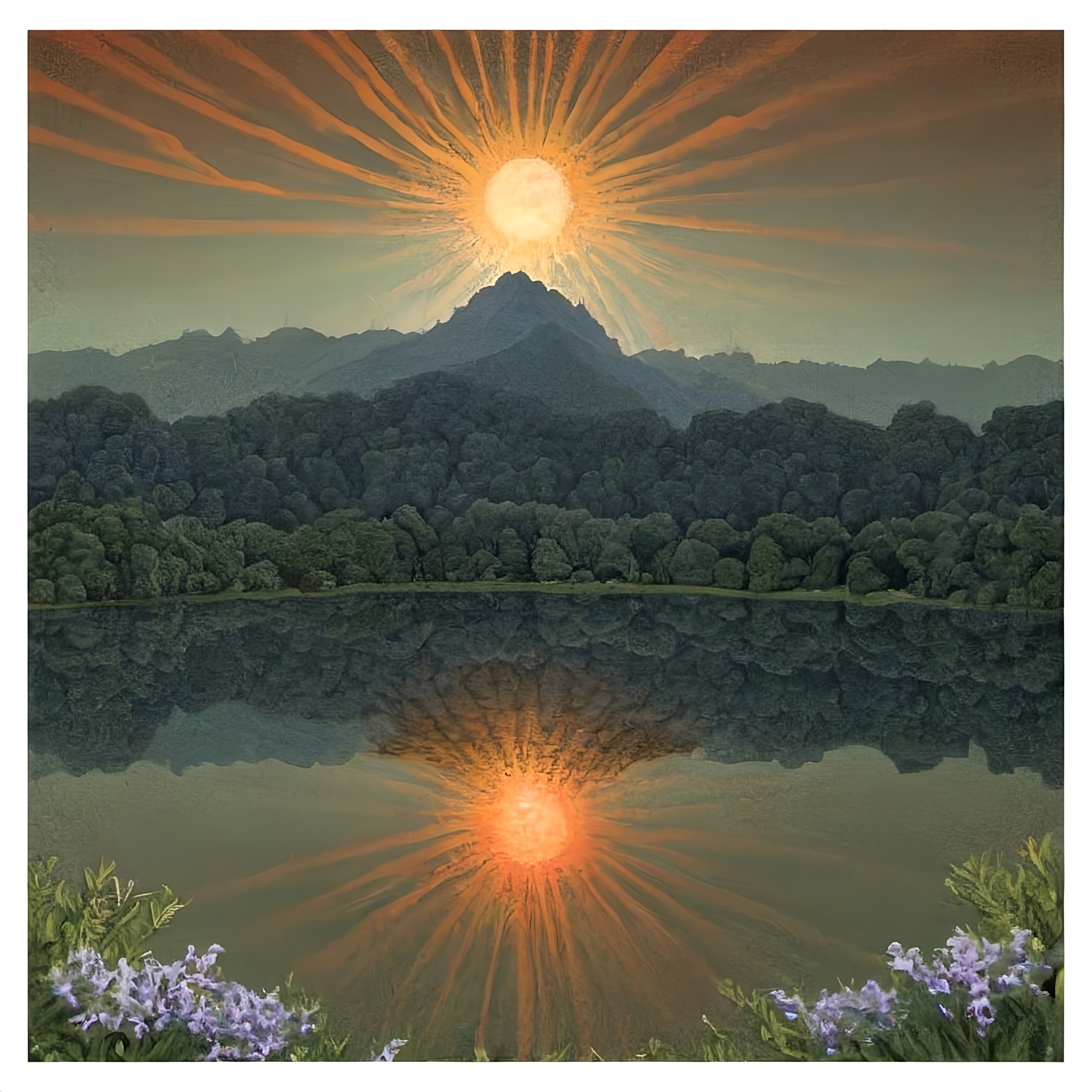 Prompt: a painting of a mountain with a lake in front of it and a sun in the sky above it, precisionism, caustics