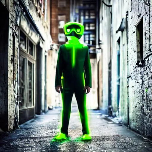 Prompt: superhero with cape, powerfully stands in alleyway, realistic lighting,  light green and grey suit, neon green goggles.