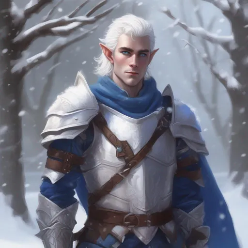 Prompt: DND a male elf with medium fluffy white hair and blue eyes wearing plate armor in a snowy park