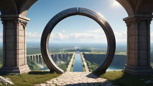 Prompt: circular portal, gateway between cities realms worlds kingdoms, ring standing on edge, freestanding ring, chevrons on ring, complete ring, panoramic view