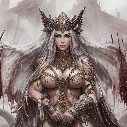 Prompt: {{{{the highest quality concept art masterpiece full body view, 
((ancient Sumerian city background))
((full body))
((fit muscular fitness body))((big breast)), ((wet sweaty body)),
portrait, Insanely detailed photograph of an elaborate and enigmatic hyper detailed female Nephilim”, realistic, cinematic, intricate and hyper detailed, seductive attractive beautiful gorgeous cute stunning 
 feminine face. Fantasy art, album cover art, 3D soft lighting, features
}}}}