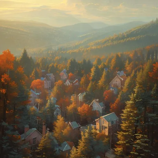 Prompt: bird's eye view of a beautiful painting of a small, sleepy New England town by nestled in a pine forest by greg rutkowski, trending on artstation