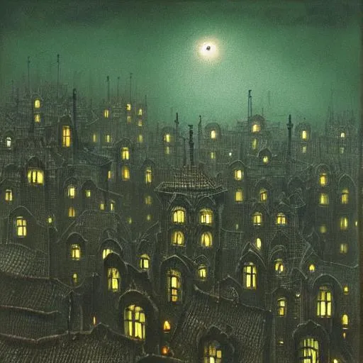 Prompt: Beksinski Steampunk gothic city rooftops at night, fog, dark-green colours, light green windows