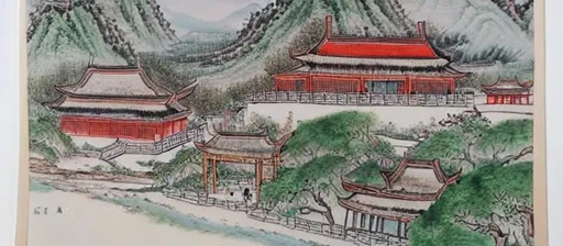 Prompt: Chinese mountain town 1500s watercolor 