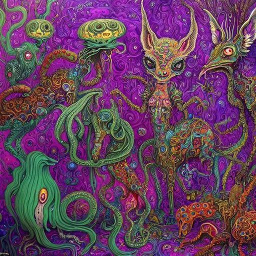 A psychedelic, dreamlike, surreal painting -- intric...