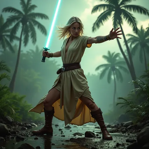Prompt: Clad in a sleek, short-sleeved outfit of flowing beige and brown robes that highlights her athletic frame as it flows, a young woman stands poised in a dramatic battle pose in a landscape, wielding a glowing white lightsaber in one hand, she reaches out towards the camera with the other to use the force. Her blonde hair is flowing, accentuating her fierce expression as she prepares for battle against the backdrop of a wet dark rain forest with tropical plants and palm trees that tower ominously. The atmosphere is charged, with swirling clouds and a green haze in the distance, casting a dramatic glow that enhances the tension of the scene. Overall, the image conveys a sense of empowerment and urgency, blending elements of fantasy and adventure as the figure exudes confidence in an otherworldly setting.