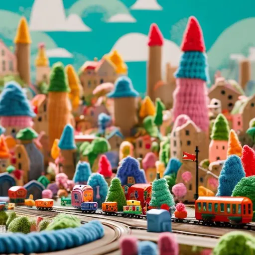 Prompt: Toy imaginary village made of colorful yarn in the background with cars and a train in the foreground
