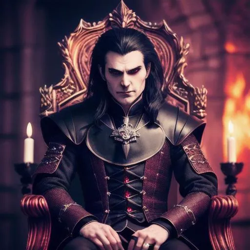 Prompt: {{{(Evil Male Vampire)!!!, sitting on a throne, in a castle, Drinking Blood, Knights at the ready}}}, Professional photography, bokeh, Nighttime lighting, canon lens, shot on dslr 64 megapixels sharp focus, photorealistic, Intricately Designed, Hyperrealistic, Ultra Detail, Male, Sinister, Savage, Bloody, Violent, Midnight, Fangs