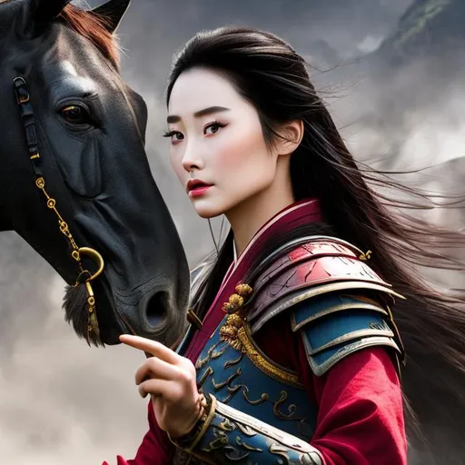 Prompt: professional modeling photo mulan as live action human woman hd hyper realistic beautiful chinese warrior black  hair fair skin brown eyes beautiful face female warrior jade jewelry enchanting
riding horse through countryside hd background with live action realistic horse and dragons