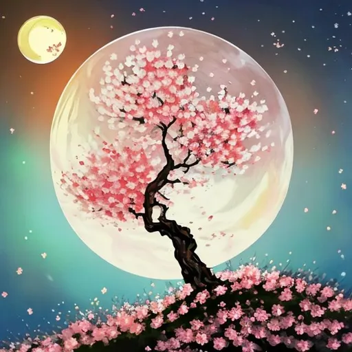 Prompt: A cherry tree on a hilltop with its petals fluttering on a full moon evening in acrylic