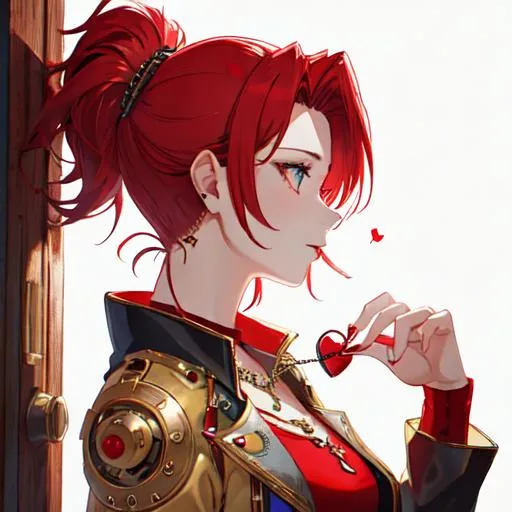 Prompt: Haley with bright red hair pulled back, side profile, wearing a heart locket, steampunk