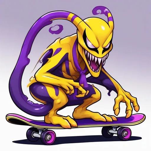 Prompt: bright yellow symbiote with purple, horns and a tail with orange ribbons, on a skateboard, nightmare fuel, Masterpiece, Best Quality, in cartoon style