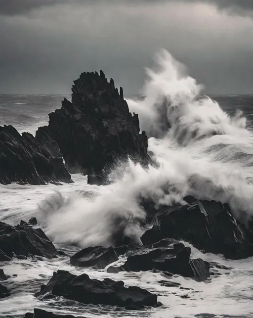 Prompt: Massive storm waves violently crashing against black volcanic rocks on a gloomy, overcast day. The brooding dark ocean water churns and foams as waves smash into the jagged rocks. Shot with a high shutter speed to freeze the motion. Moody black and white edit creates a dark, ominous mood. Minimalist composition highlights the raw power and beauty of nature. Shot with a Canon EOS R5, 70-200mm lens at f/4, 1/2000 shutter speed.