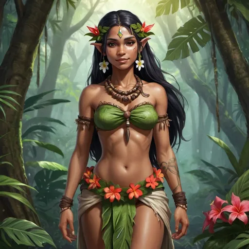 Prompt: Full body, Fantasy illustration of a Hawaiian female tribal elf, 26 years old, beautiful, dark complexion, long black hair decorated with flowers, loincloth, flower necklace, friendly expression, high quality, rpg-fantasy, detailed, in a tropical forest 