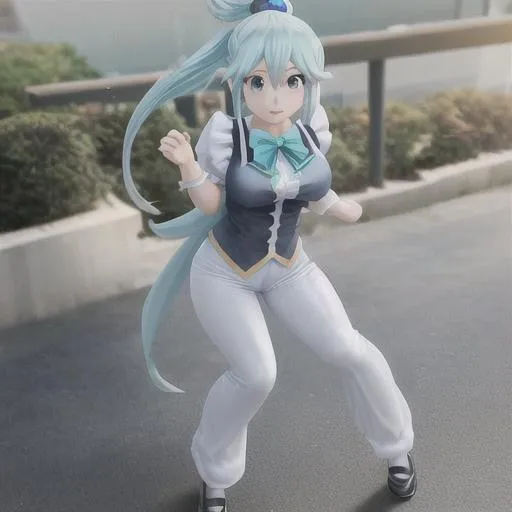 Prompt: aqua ( Konosuba ) , school/maid outfit , white pants , full body , ultra detailed
