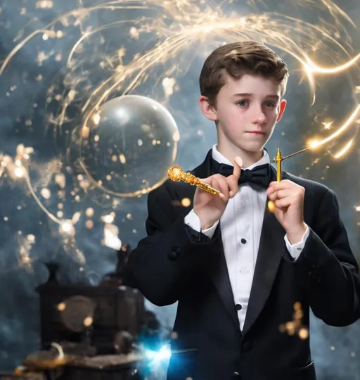Prompt: 16 year old boy in a tuxedo casting casting a spell with a magic wand , and causing a ball of gold sparkling magic to go flying out of the tip of magic wand very fast