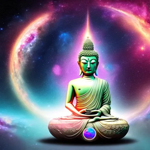 Prompt: opal buddha, widescreen, infinity vanishing point, galaxy background
