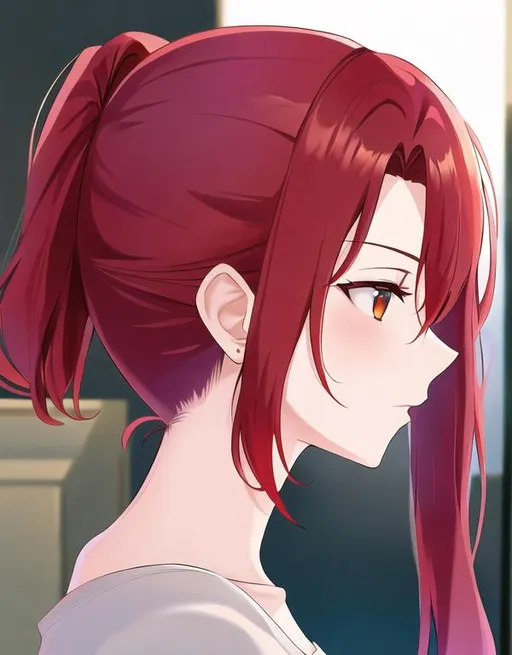 Prompt: Haley with bright red hair pulled back, side profile