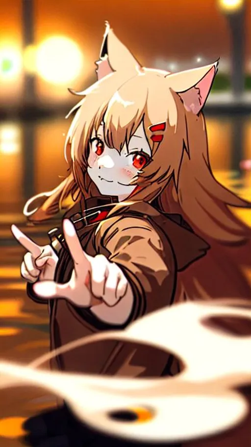 Prompt: cream hair colour, long hair,red eyes, girls anime, cat ear, brown jacket, hair pins, peace sign, lake, bokeh background, potrait