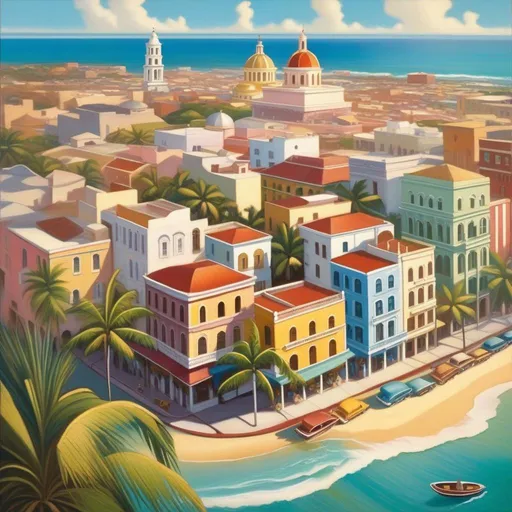 Prompt: Aerial view of San Juan, Puerto Rico, 1950s, cartoony style, extremely detailed painting by Greg Rutkowski and by Henry Justice Ford and by Steve Henderson