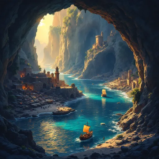 Prompt: Fantasy illustration of a huge cave with a smuggler's harbor, vibrant color scheme, dramatic lighting, reflections shimmering on the water's surface, a smugglers boat floating in the harbour, sunlight entering the cave through a entrance passage to the open sea, diverse cargo stapled on the harbour, fortifications carved out of the rugged rock formations, dynamic atmosphere filled with adventure and intrigue, lush vegetation contrasting the dark cave, intricate details capturing the essence of the hidden world, ultra-detailed