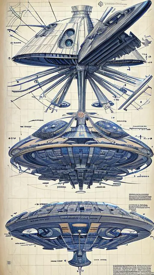 Prompt: technical drawing blueprint Futurism art style infographics exploded view of spacecraft's warp drive technology by hr giger combined with Zdzislaw Beksinski and Ed Binkley, infographics, marginalia, detailed exploded view, 1950's popular mechanics poster
