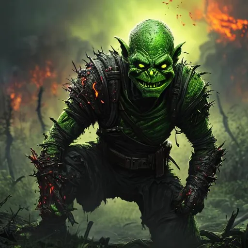 Prompt: green-skin goblin rogue, glowing red eyes, black armor crouched down looting fiery burning battlefield, realistic dark fantasy scene