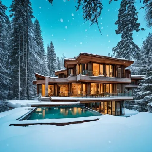 Prompt: modern wooden mansion in winter with snow on the roof and on the ground in the background a snowy forest and in the foreground a warm turquoise blue pool, at night with the stars.

