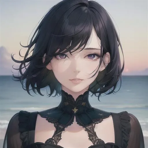 Prompt: (masterpiece, illustration, best quality:1.2), head titled sideways, in the ocean, short trimmed black hair, qhite eyes, best quality face, best quality, best quality skin, best quality eyes, best quality lips, ultra-detailed eyes, ultra-detailed hair, ultra-detailed, illustration, colorful, soft glow, 1 girl