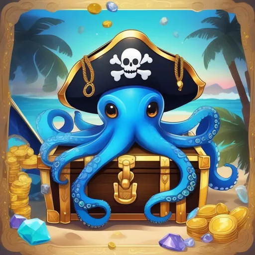 Prompt: a pirate octopus mimic with blue skin, wide hips, pirate attire, a detailed background, a beach at night, guarding a treasure chest, gemstones, gold coins,