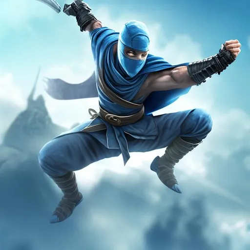 Prompt: Male hero. White ninja. Using wipe in blue sky.