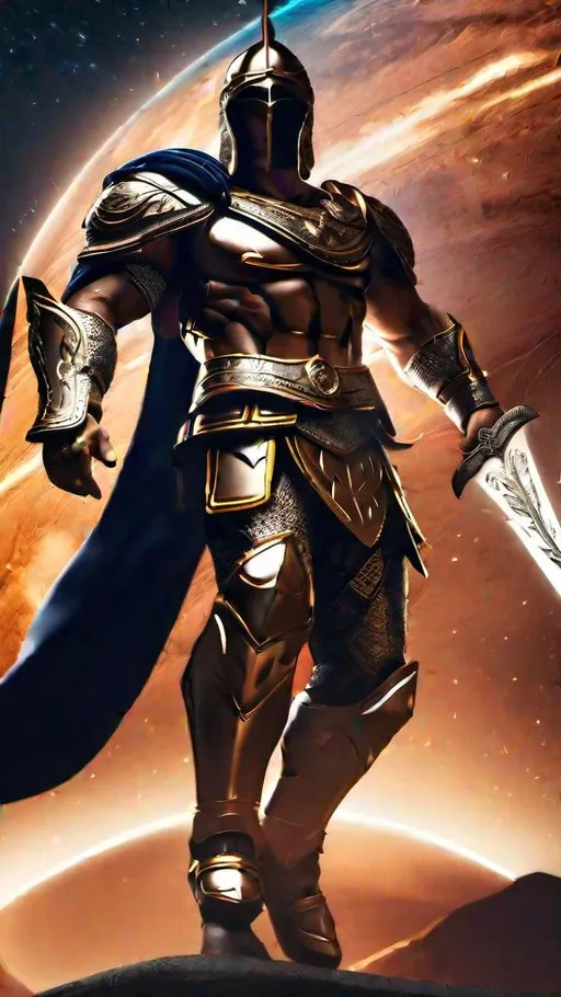 Prompt: Greek God Mars, god of war, in Trojan shining bronze armour, raised broad sword, shield in front of body, breastplate, slim muscular physique, full body length, attacking pose, night lighting, galaxy sky background, high resolution, cinematic,4K