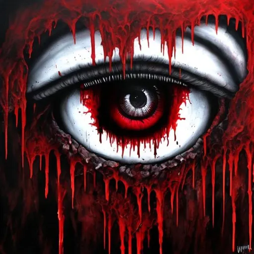 Prompt: painting, eye, bloody tears, crimson sea, horror