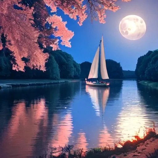 Prompt: A boat in a river going towards a magnificent beautiful tree, moon in the sky