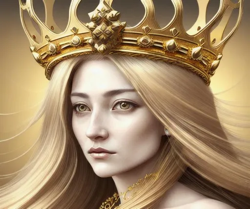 Prompt: Woman, long gold hair, hyperdetailed crown, hyper detailed, hyper realistic