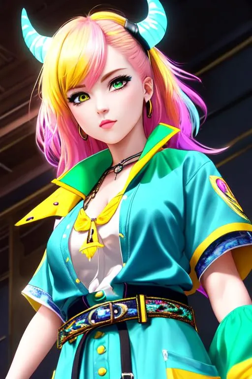 Prompt: UHD, hd , 8k,  oil painting, hyper realism,  Very detailed, character, zoomed out view,  full body of character in view, yellow blue eye female demon character with loose pink hair and has two small white horns on her forehead , she is wearing a turquoise shirt shirt with a yellow long jacket over top, she wears green white dress pants and belt and black boots, black fingerless gloves and beside her stands a white cat