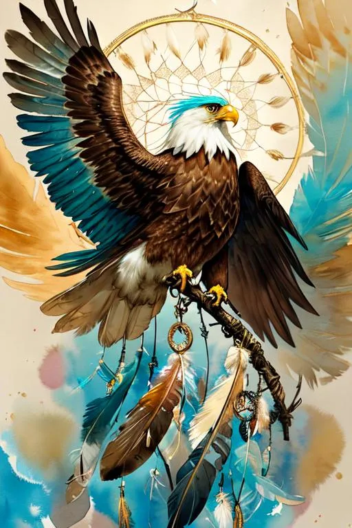 Prompt: "Raymond Swanley, eagle feathers, dream catcher, brushstrokes, gold and teal, detailed watercolor, painting, fantastical, intricate detail, 8k resolution, afremov style, golden hour"