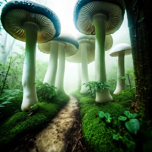 Prompt: foggy ethereal vast lush green forest dirt path lined with towering flowing white mushrooms 