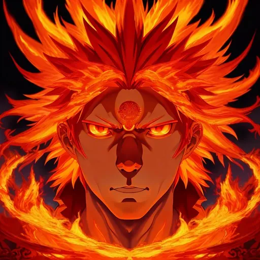 Dark anime character with glowing blue eyes surrounded by red flames