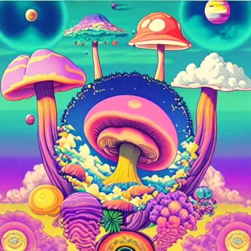 Prompt: Vaporwave, flowers, giant fungi, planets, collage, Psychedelic Art, 80's colors and clouds,
