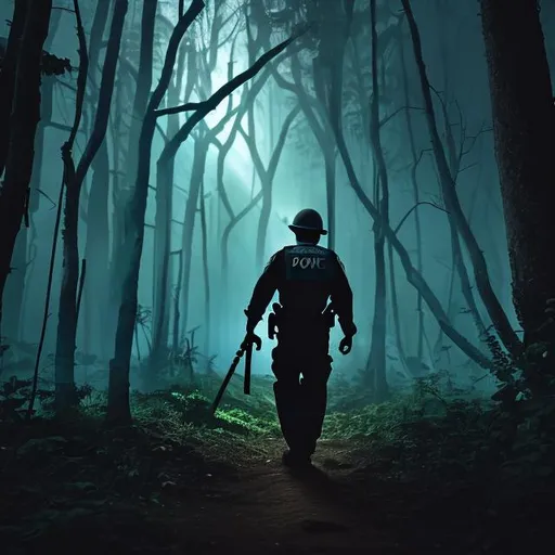 Prompt: A police man searching in the dark forest for something holding a torch
